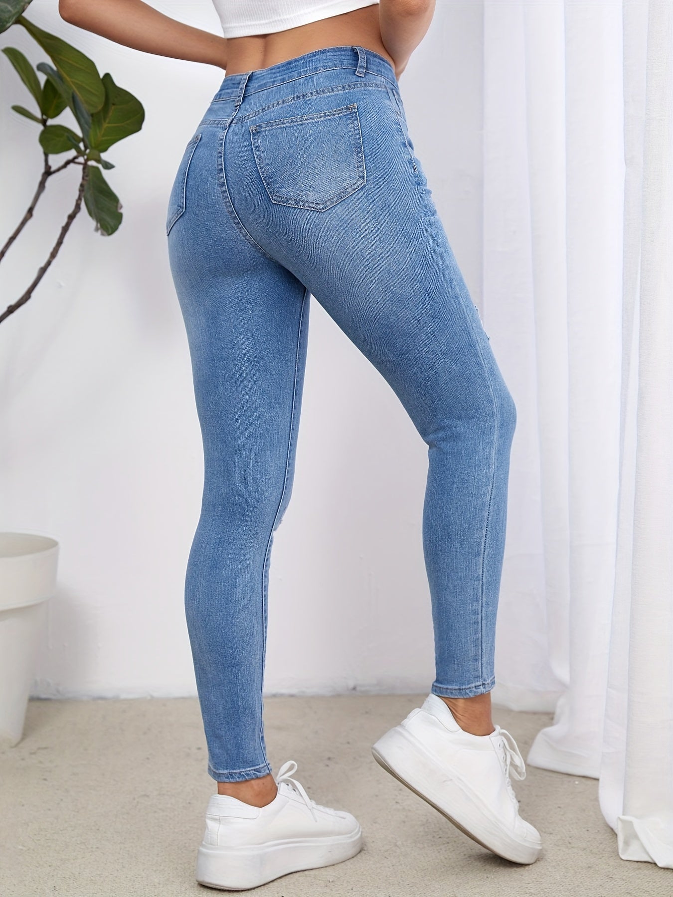 Ripped Holes Skinny Jeans Slash Pockets Stretch Denim Pants Women