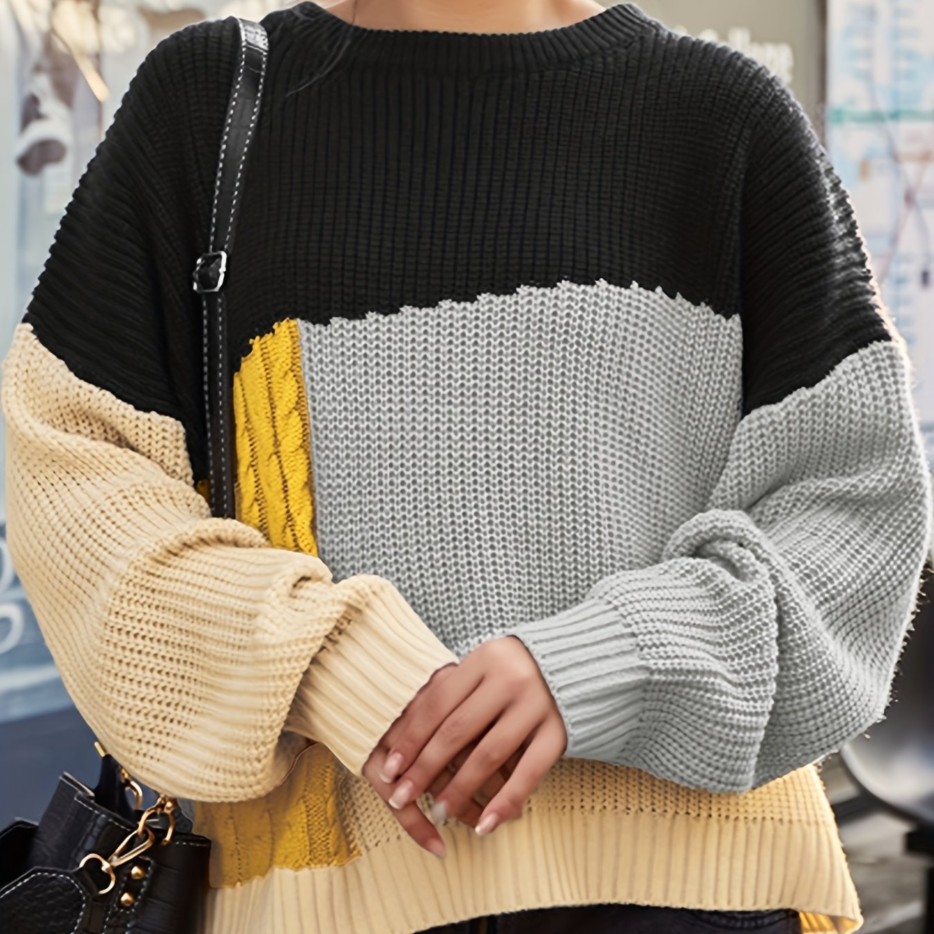 Colorblock Cable Crew Neck Sweater