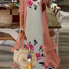Plus Floral Print V Neck Cami Dress & Cover Up Set
