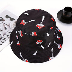 Red Mushroom Print Bucket Hat Casual Sunshade Basin Hat Unisex