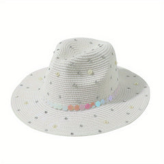 Faux Pearl Decor Straw Fedora Cap Jazz Sun Hat for Women