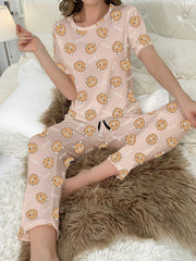 Bear Print Pajama Set Short Sleeve Top & Pants