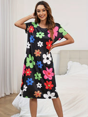 Floral Print Lounge Dress Short Sleeve Casual Crew Neck Home Dress
