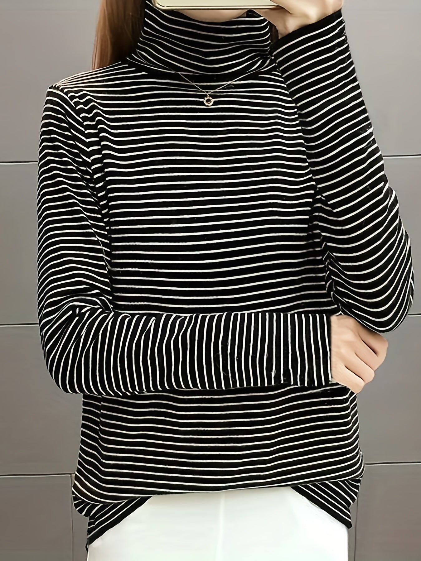 Stripe Turtleneck Pullover Sweatshirt Plush Crew Neck
