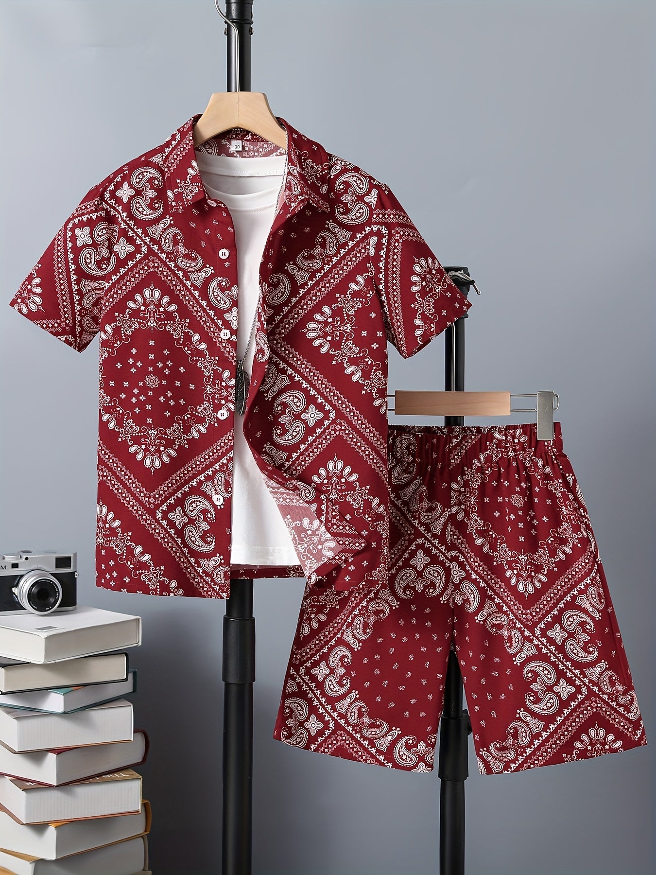 Paisley Pattern Boy's Hawaiian Shirt & Shorts Set for Beach Vacation