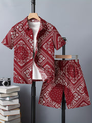 Paisley Pattern Boy's Hawaiian Shirt & Shorts Set for Beach Vacation
