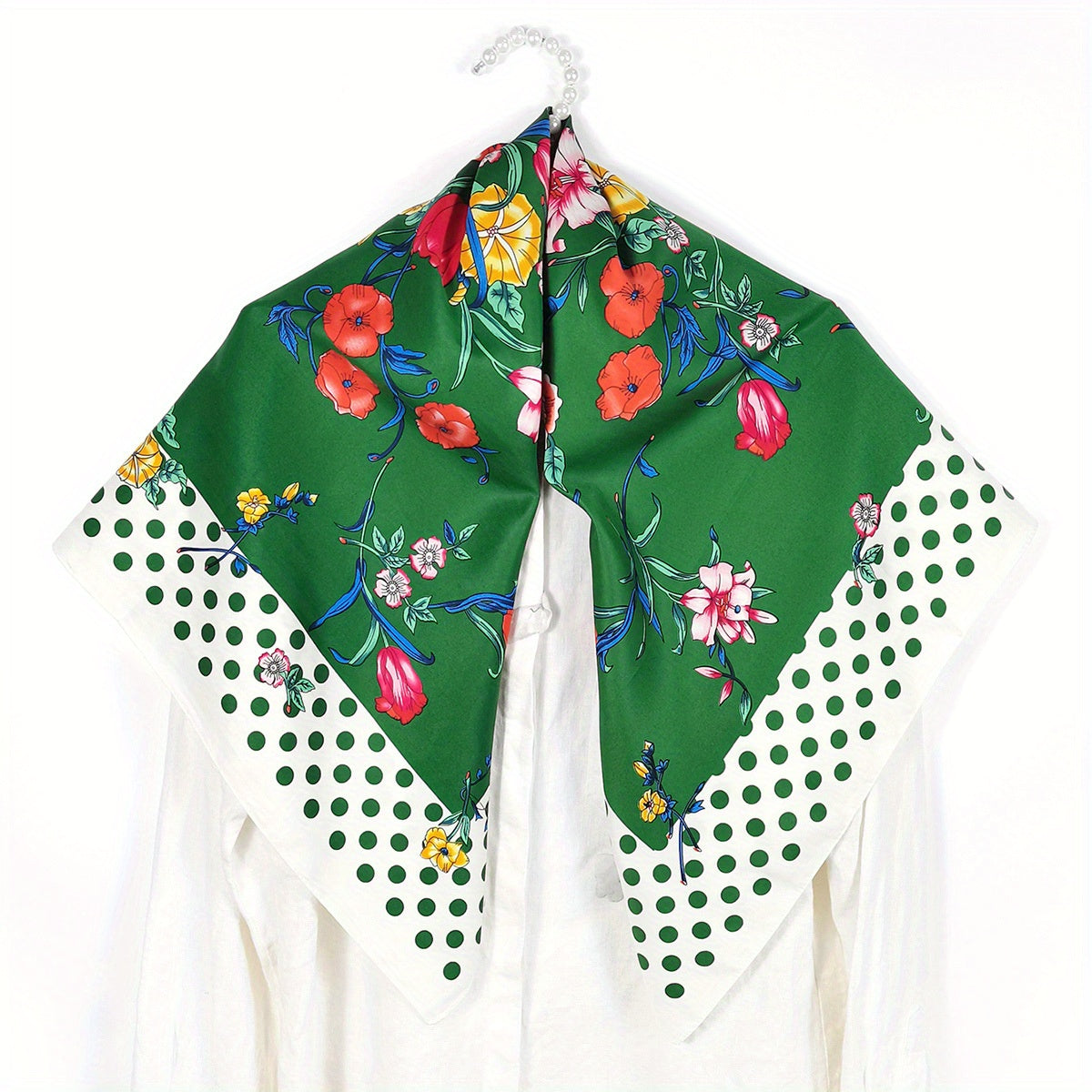 Polka Dot Flower Print Shawl Boho Twill Silk Square Scarf Vintage Neckerchief