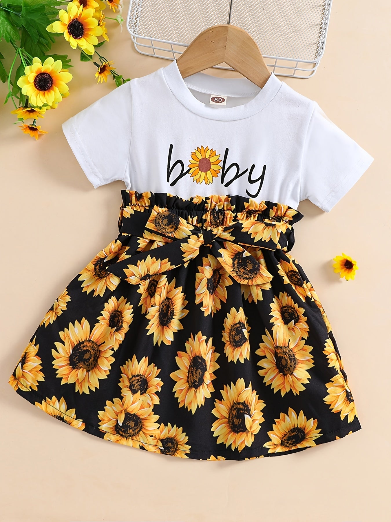Baby Girls Sunflower Graphic Print Dress with Belt