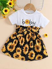 Baby Girls Sunflower Graphic Print Dress with Belt