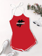 Letter Print Pajama Romper Casual Crew Neck Halter Lace Up Pajamas