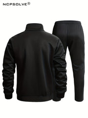 Men's Sports Suit Solid Stand Collar Zip Up Jacket & Stretch Elastic Waist Pants