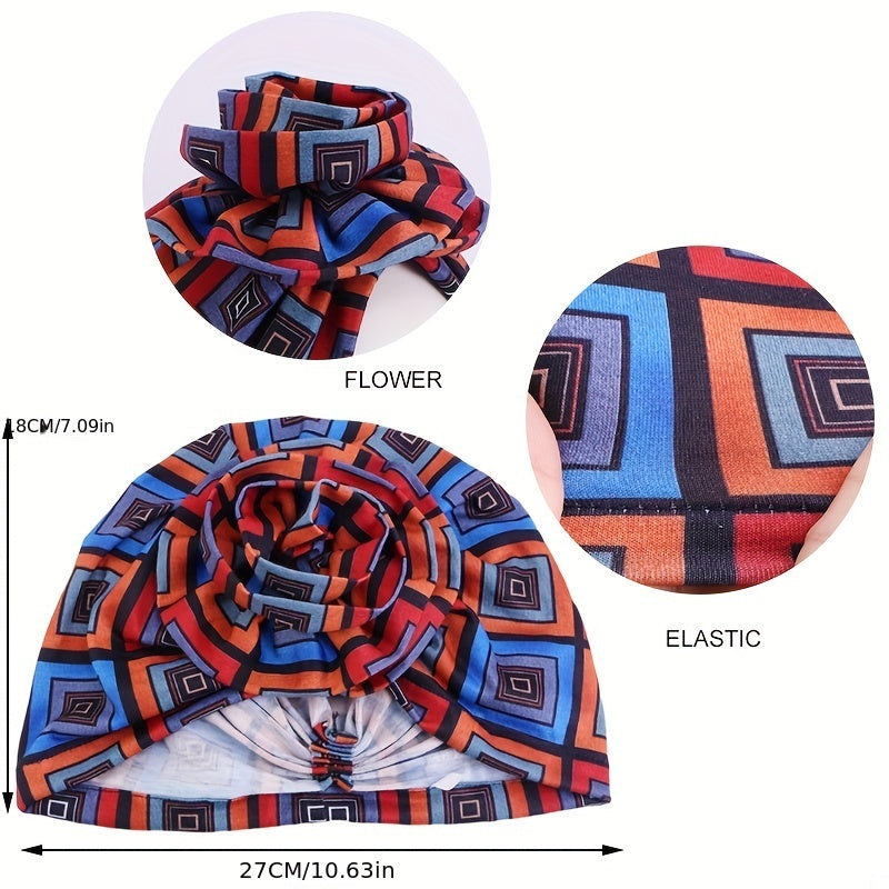 Boho Print Ruffle Turban Cap Classic Ruched Flower Bonnet Head Wrap