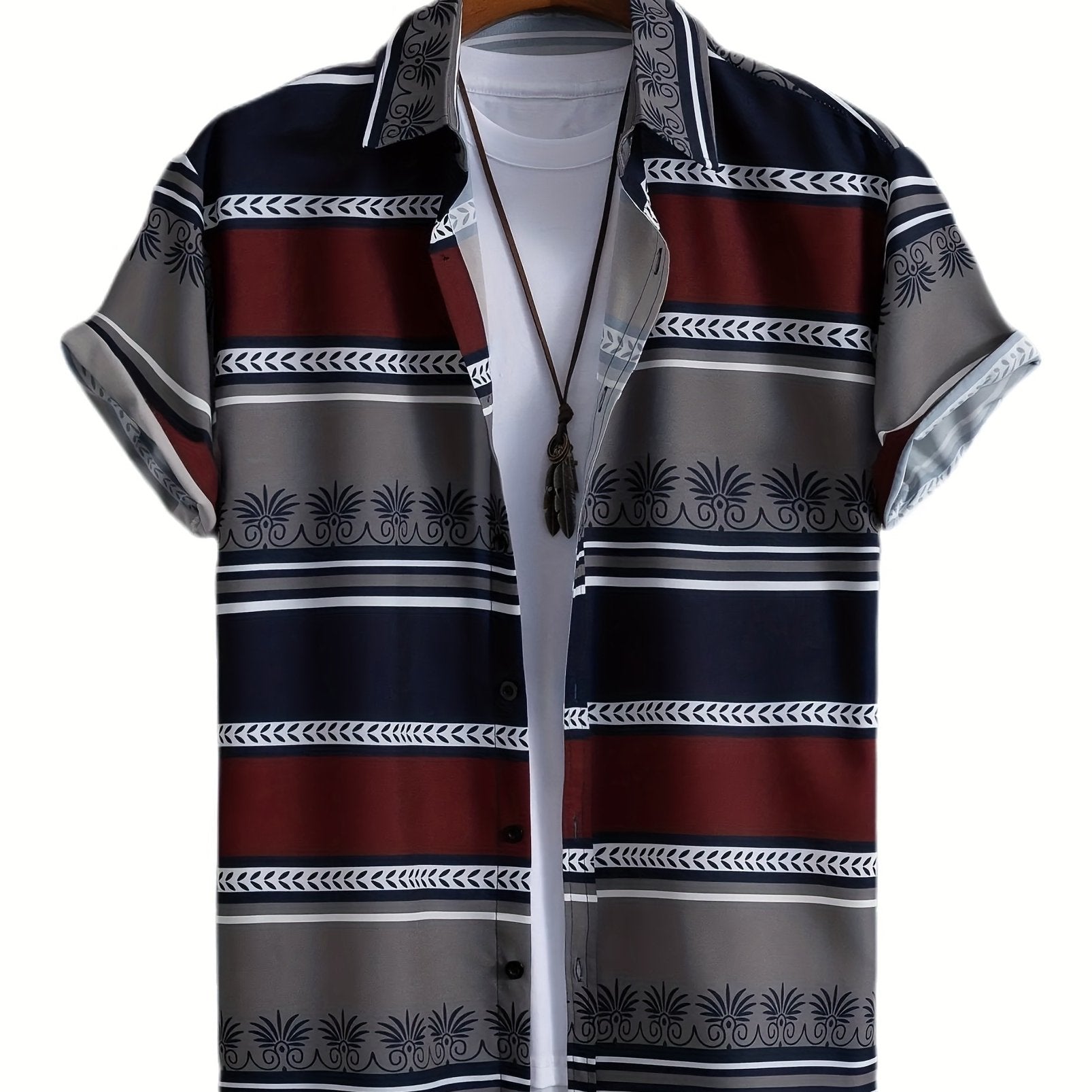 Block Print Men s Casual Short Sleeve Shirt for Summer Vacation