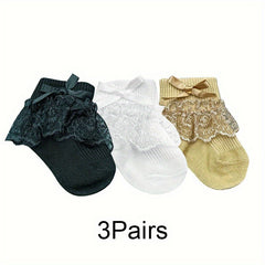 3Pairs Baby Girls Princess Lace Ruffles Bow Ankle Socks