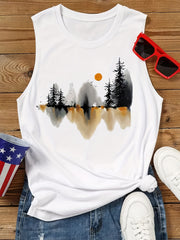 Landscape Ink Painting Print Tank Top Sleeveless Summer Women's Clothing