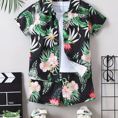 2pcs Boys Tropical Flowers Button Shirt & Shorts Set