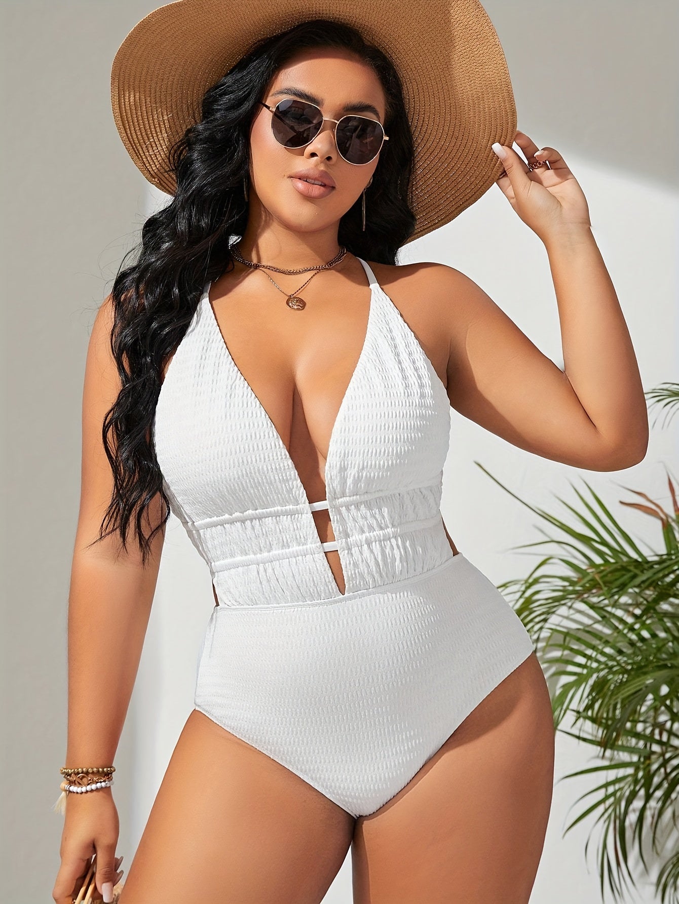 Sexy Swimsuit Women's Solid Textured Crisscross Tie Back One Piece