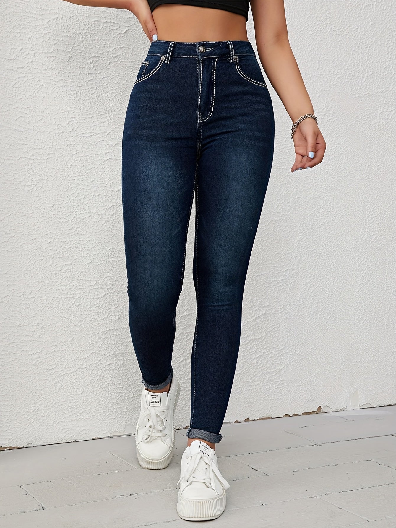Dark Slim Fit Skinny Jeans Versatile Slash Pockets Slight Stretch