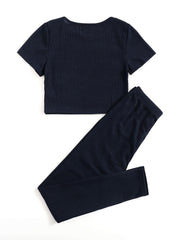 Ribbed Lounge Set Short Sleeve Crew Neck Top & Pants
