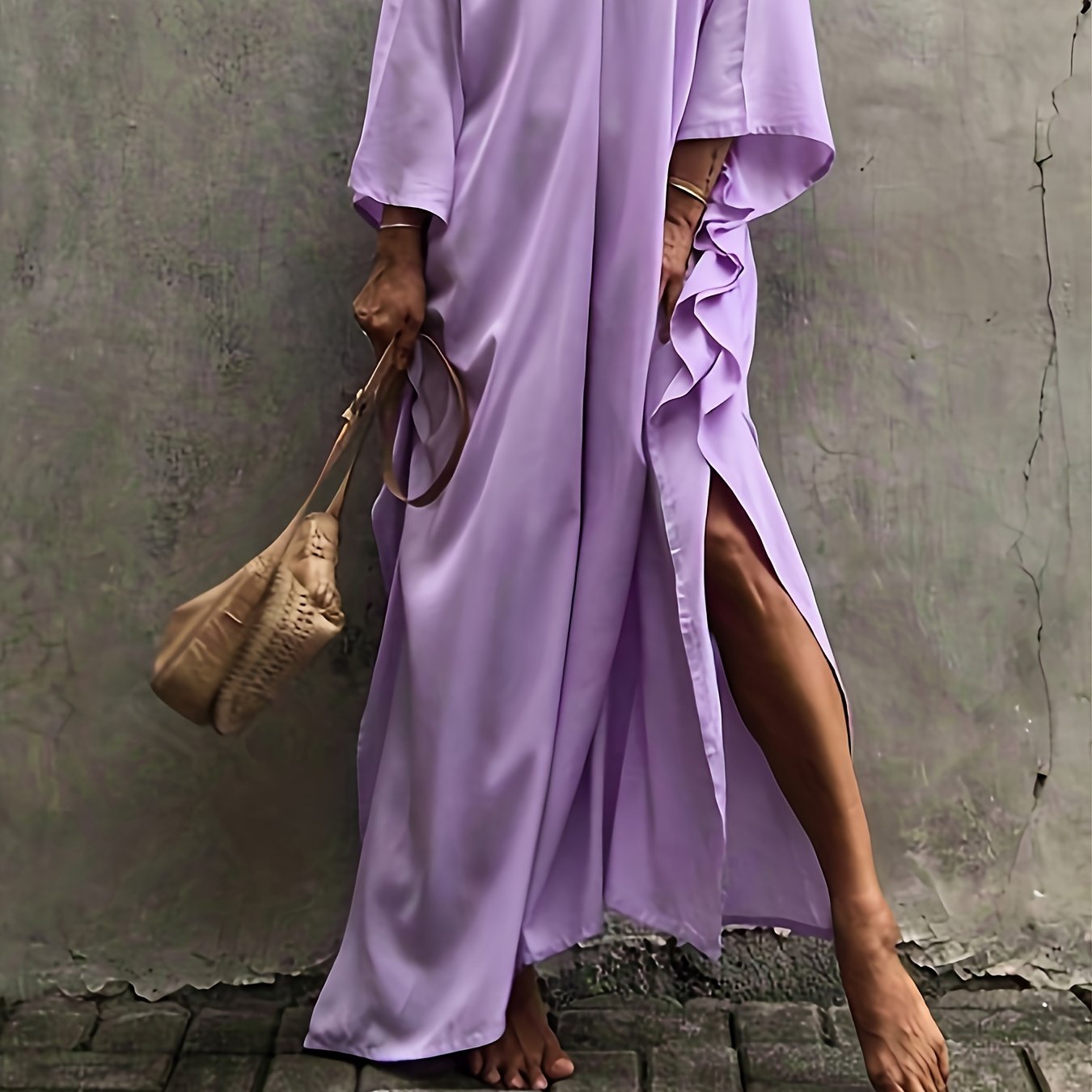 Vacay Cover Up Women's Plus Solid Batwing Sleeve V Neck Maxi Split Kaf