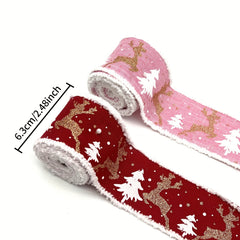 4.57m Pink Christmas Tree Burlap Ribbon with Wired Edge, Elk and Snowflake