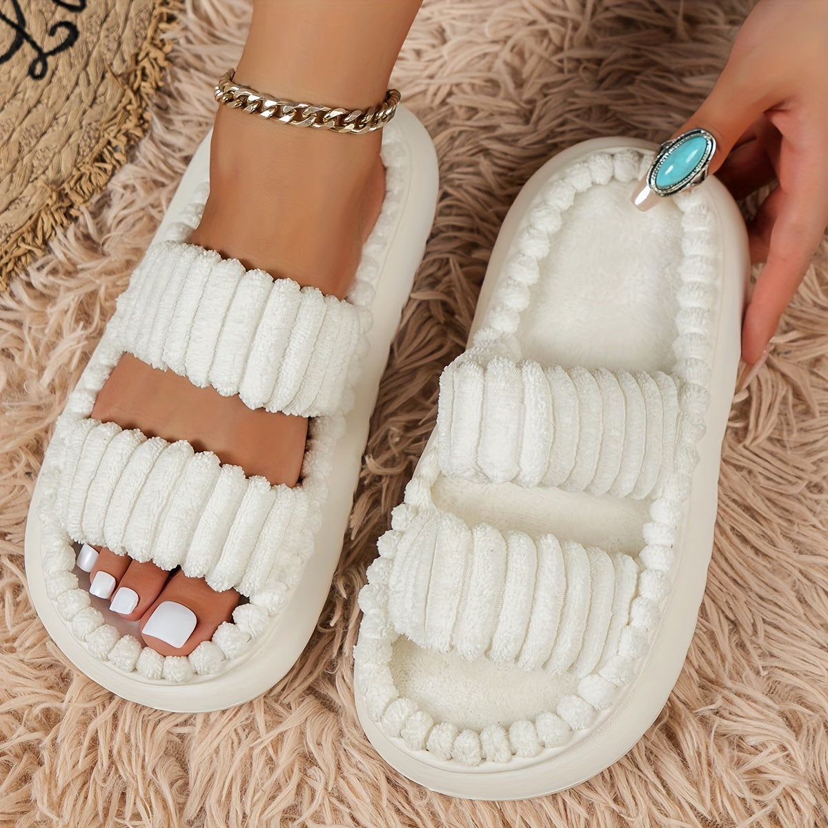 Double Strap Platform Slippers Plush Home Shoes