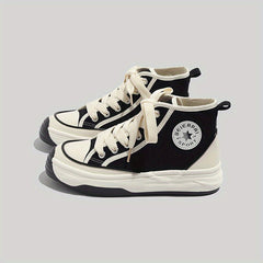 Colorblock Lace Up Canvas Shoes High Round Toe Non Slip Skate Shoes