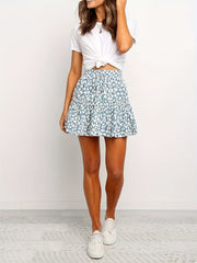 Floral Print Ruffle Trim Skirt Boho Drawstring Skirt