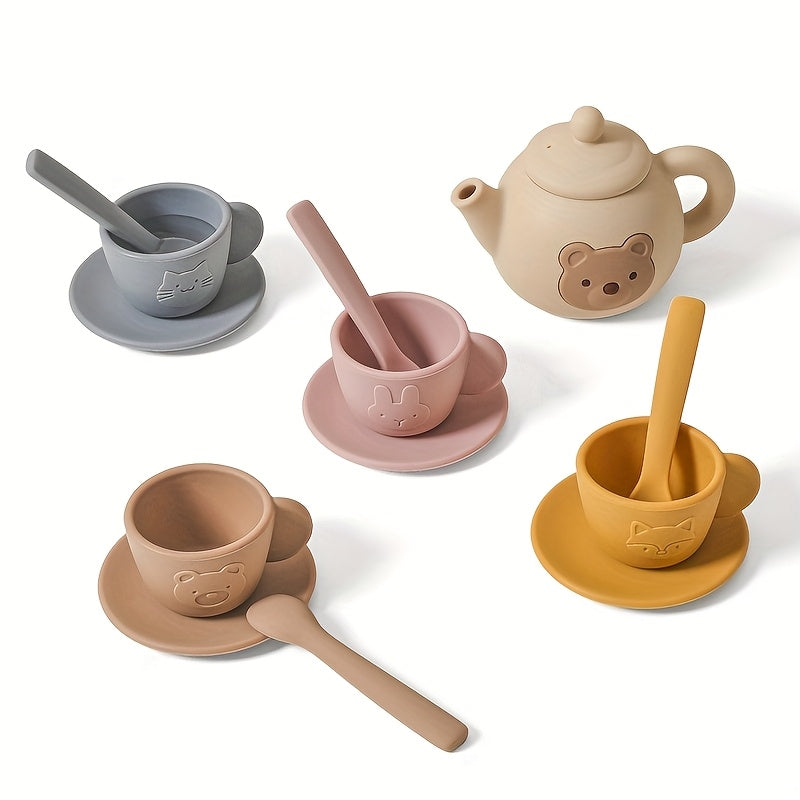 Silicone Tea Set Bear Wooden Pretend Play Toy Girls Mini Tea Cup and Teapot Set