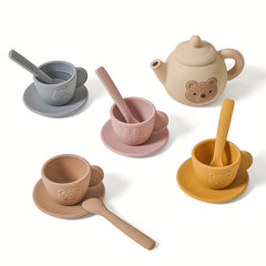 Silicone Tea Set Bear Wooden Pretend Play Toy Girls Mini Tea Cup and Teapot Set