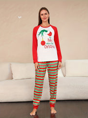 Print Christmas Pajama Set Long Sleeve Top & Striped Pants Women's Sleepwear
