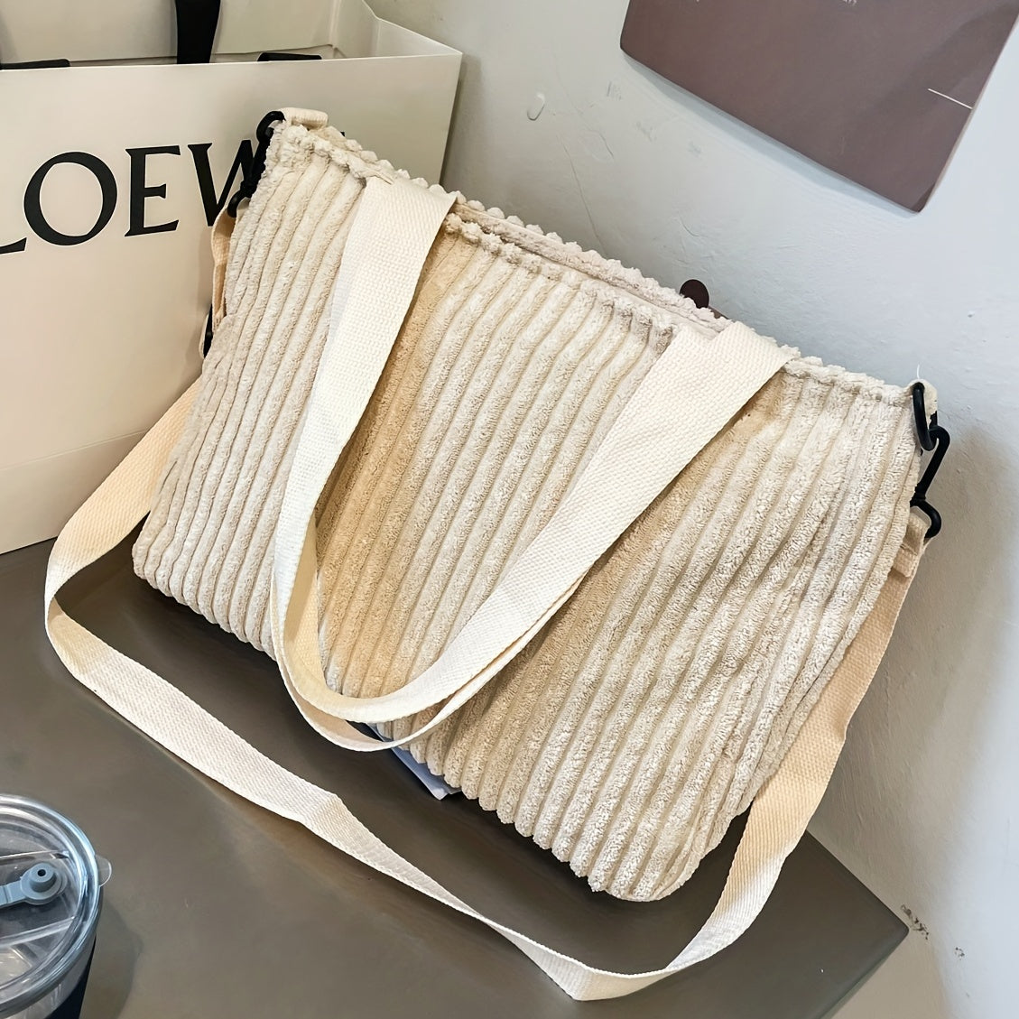 Large Capacity Corduroy Tote Bag Crossbody Handbag & Shoulder Purse