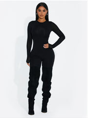 Solid Skinny Stretchy Jumpsuit Crew Neck Long Sleeve Casual Suit