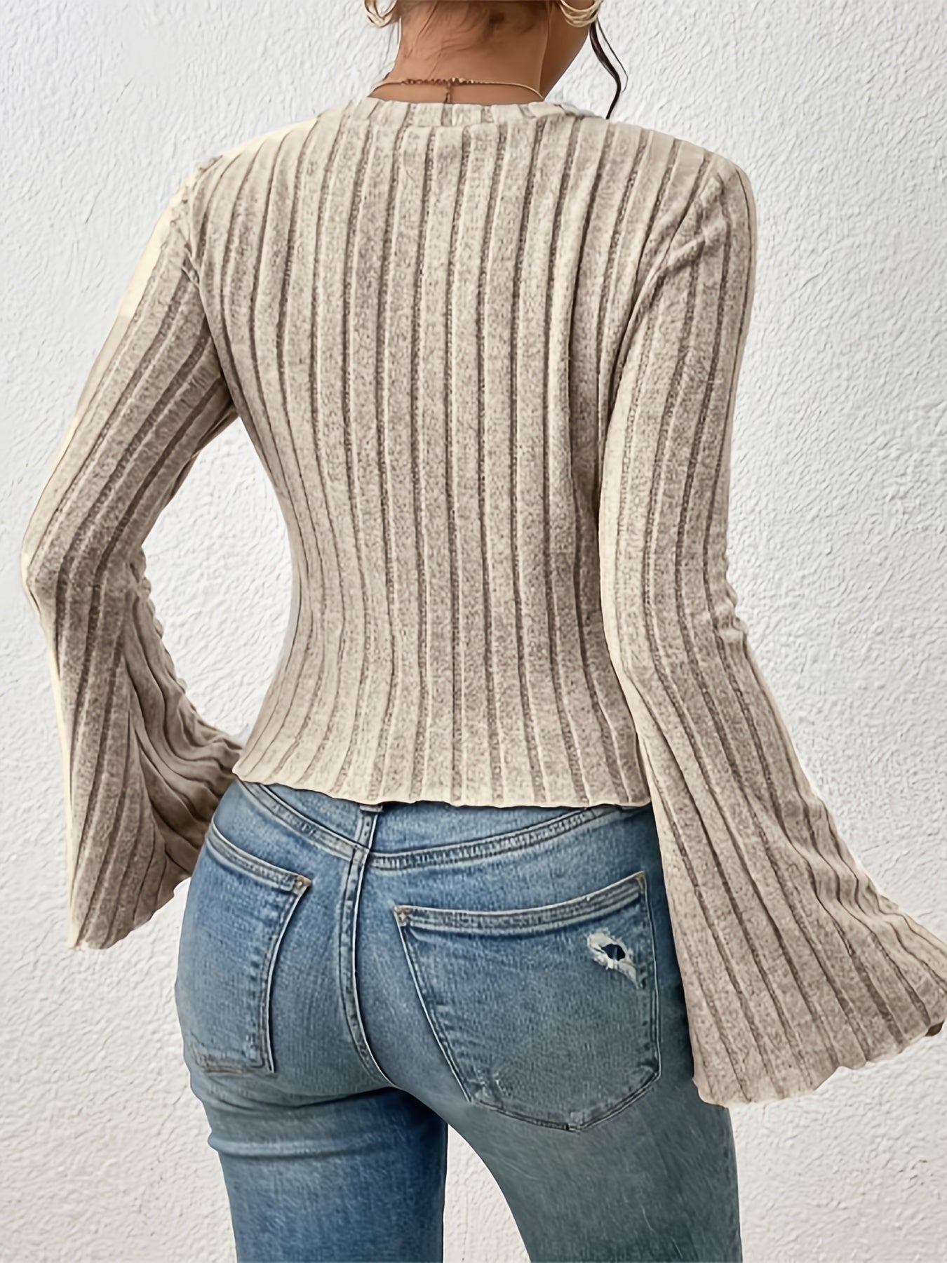 Solid Bell Sleeve Ribbed Knit Top