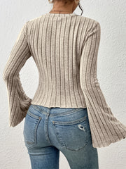 Solid Bell Sleeve Ribbed Knit Top