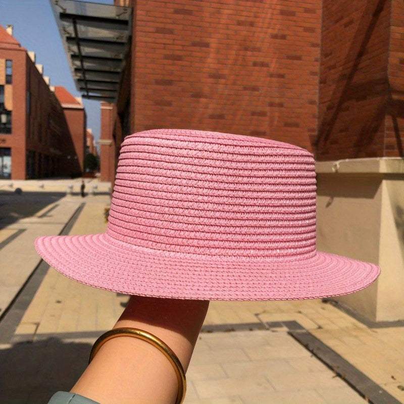2pcs Candy Flat Top Fedora Straw Sun Hat Women's Spring Summer Travel