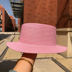 2pcs Candy Flat Top Fedora Straw Sun Hat Women's Spring Summer Travel
