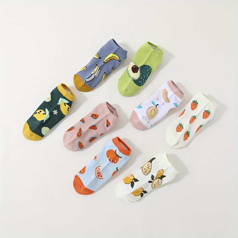8 Pairs Cartoon Fruit Print Socks Crew & Ankle Socks Women's Stockings
