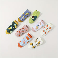 8 Pairs Cartoon Fruit Print Socks Crew & Ankle Socks Women's Stockings