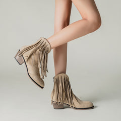 Women's Tassel Chunky Heel Ankle Boots Comfortable Outdoor Shoes