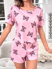 Butterfly Print Pajama Set Short Sleeve Crew Neck Top & Elastic Waistband Shorts