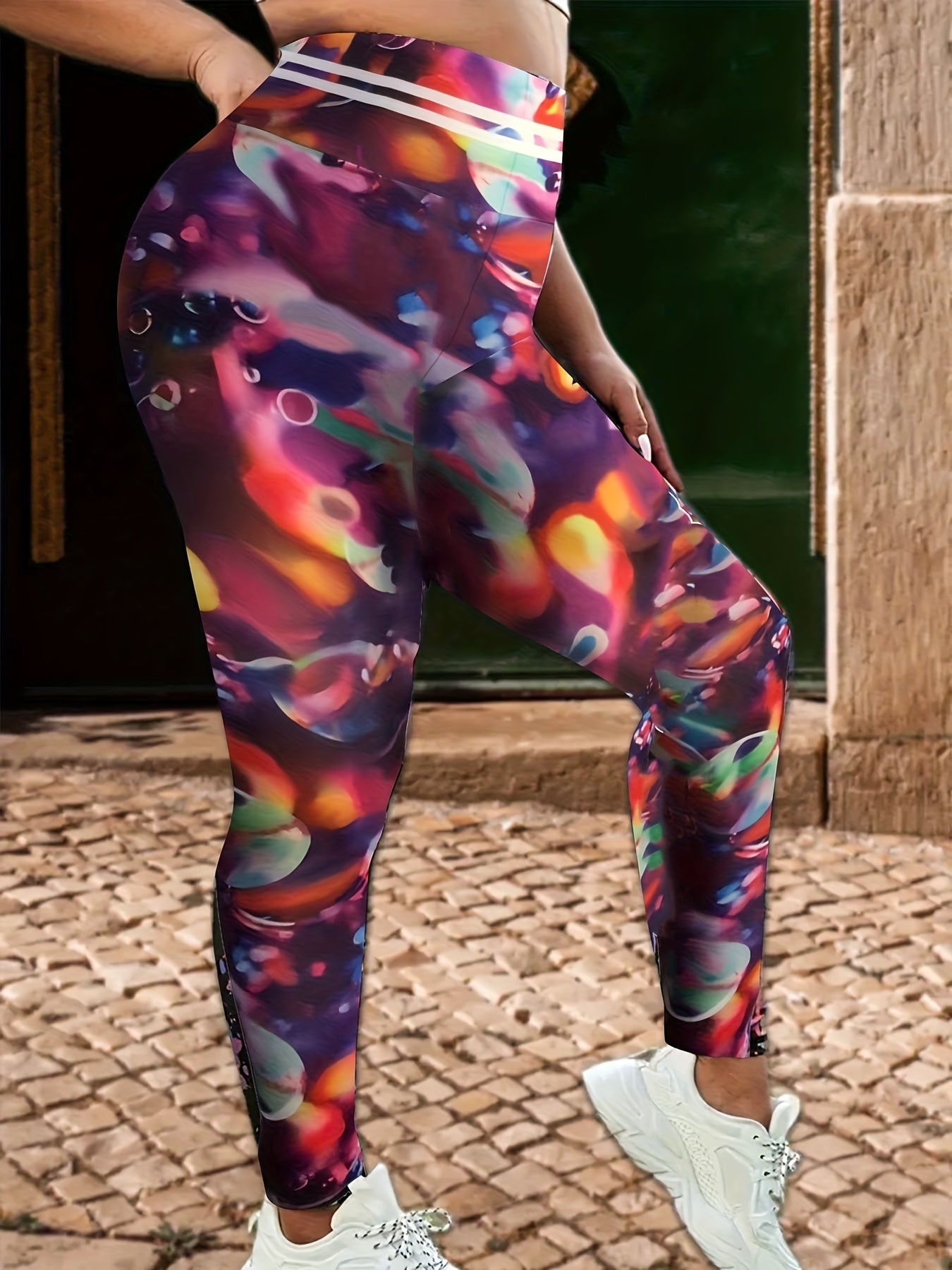 Sports Leggings Painting & Stripe Print Slim Fit Hip Lift