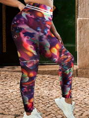 Sports Leggings Painting & Stripe Print Slim Fit Hip Lift