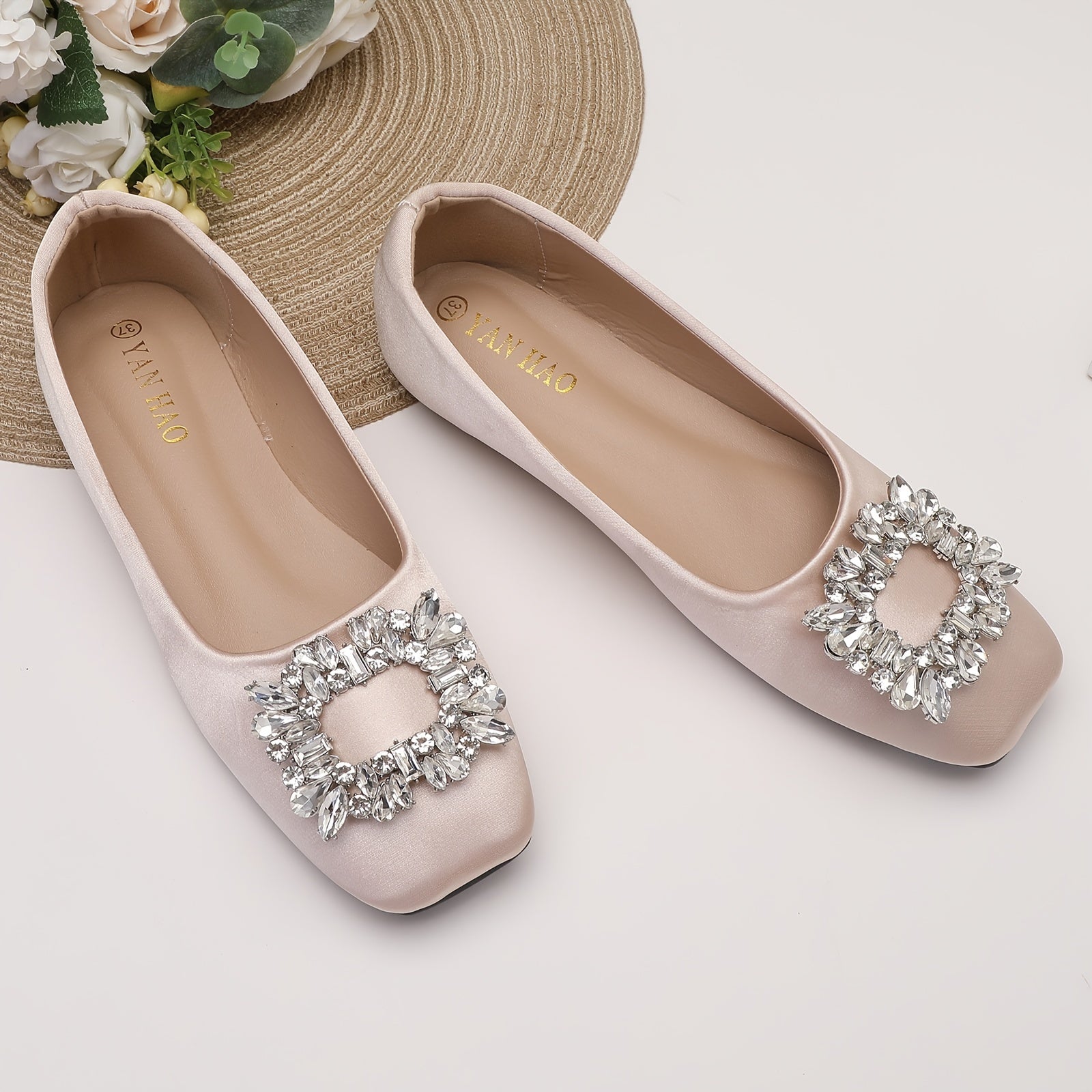 Women's Satin Ballet Flats Rhinestone Slip On Wedding Dress Flats