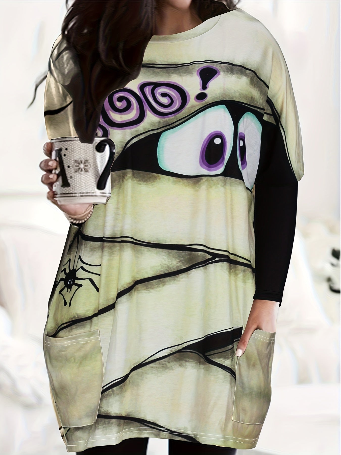 Monster Print Long Sleeve Dress with Pockets