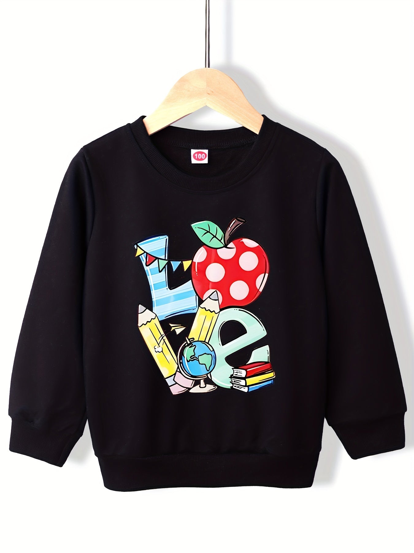 Girls' Cartoon School Stationery Graphic Round Neck Sweatshirt