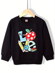 Girls' Cartoon School Stationery Graphic Round Neck Sweatshirt