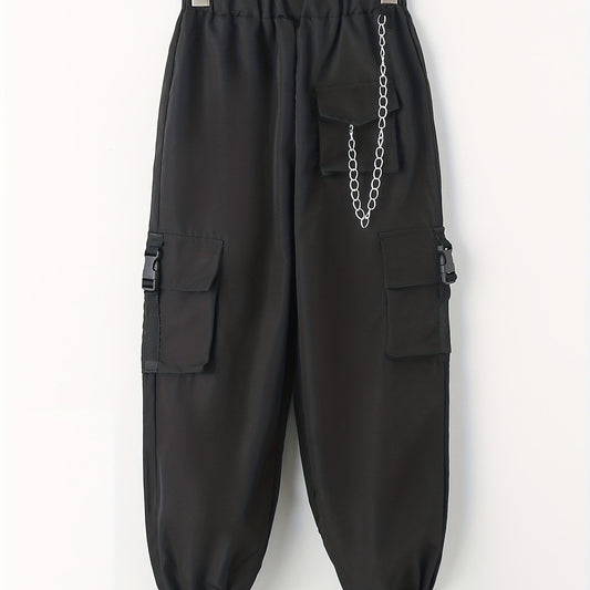Girls Cargo Pants with Buckle Tape Chain Detail