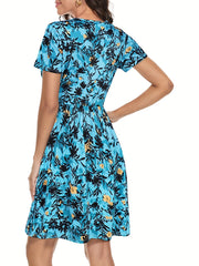 Floral Print Dress Casual Crew Neck Short Sleeve Random Printing Dress