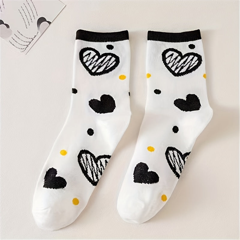 5 Pairs Heart Print Socks Women's Mid Tube Stockings